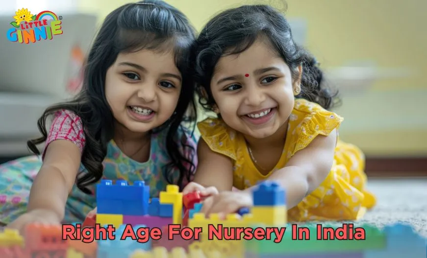 Image showing the right age for nursery in india with two kids playing in preschool